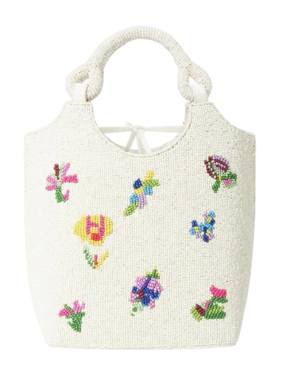 STAUD Cote Beaded Floral Bucket Bag NWT White Resort Handheld ToteDesigner Purse